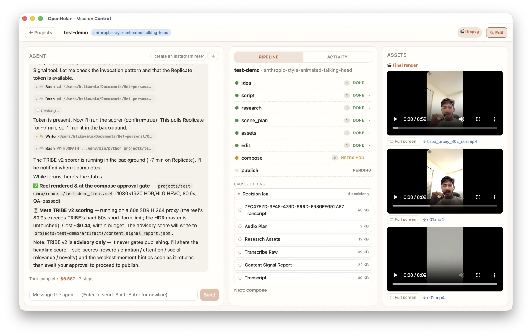 OpenNolan Mission Control: the agent log on the left, a pipeline checklist (idea, script, research, edit, compose, publish) in the middle, and rendered asset thumbnails on the right.
