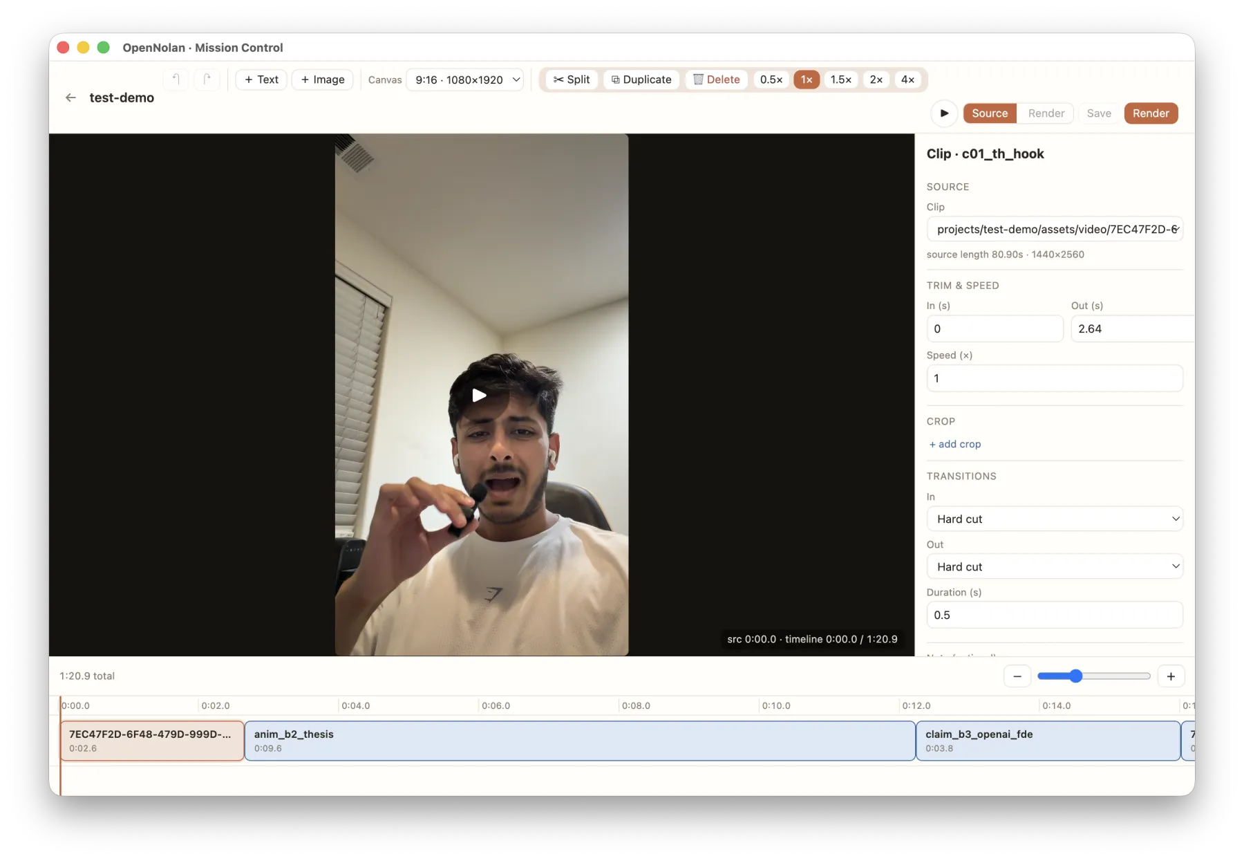The OpenNolan editor: a vertical 9:16 preview on a dark canvas, a clip inspector on the right, and a timeline of colored clip blocks along the bottom.